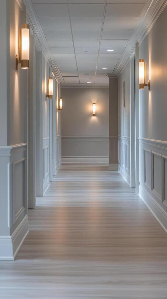 Bright and modern hallway with elegant lighting in a contemporary building during the day photo