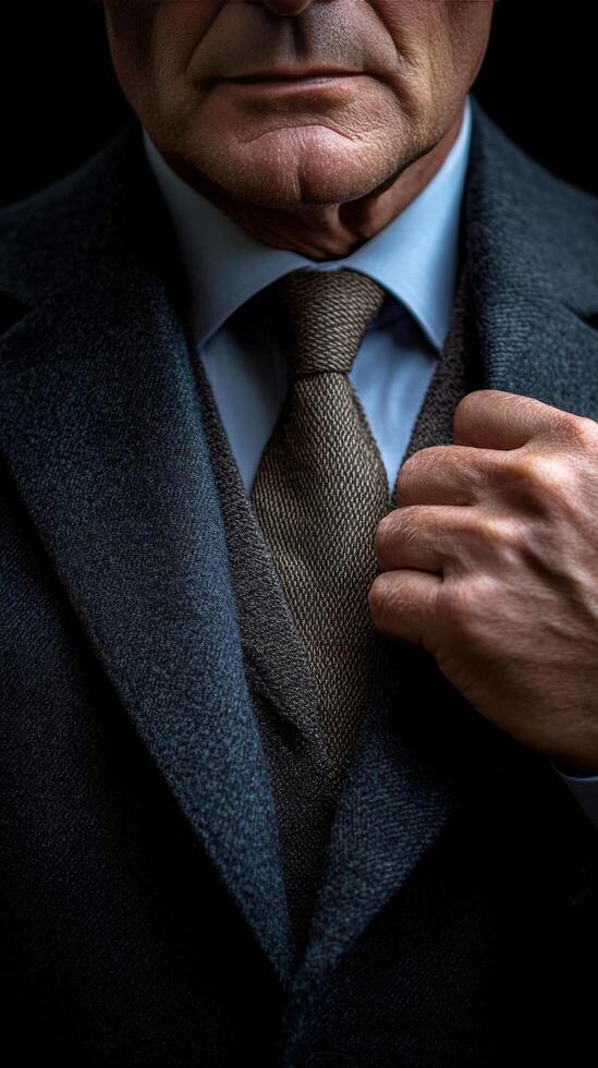 Man in a tailored suit poses confidently against a dark background in a stylish indoor setting photo
