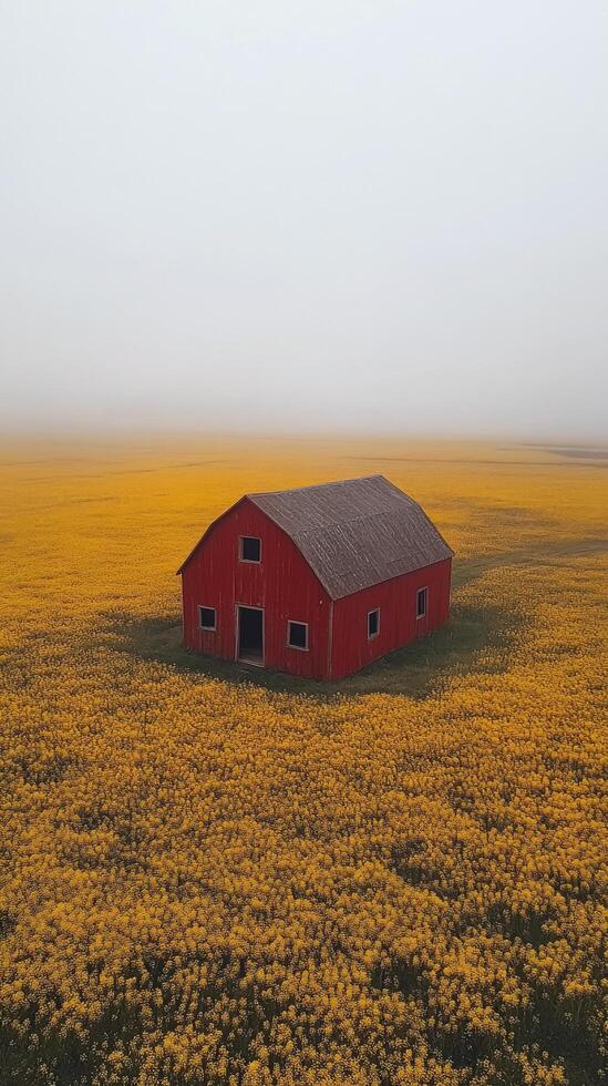 A red barn surrounded by vibrant yellow flowers in a scenic rural landscape with mountains photo