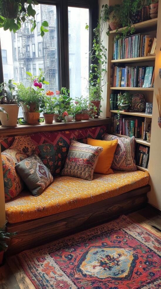 Cozy indoor seating area with natural light and plants in a serene home environment photo