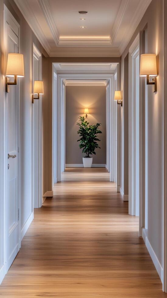 Elegant corridor with stylish lighting and wooden flooring in a modern home photo