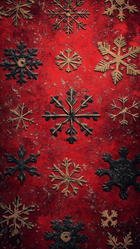 Festive red background with gold and black snowflake patterns during the holiday season photo