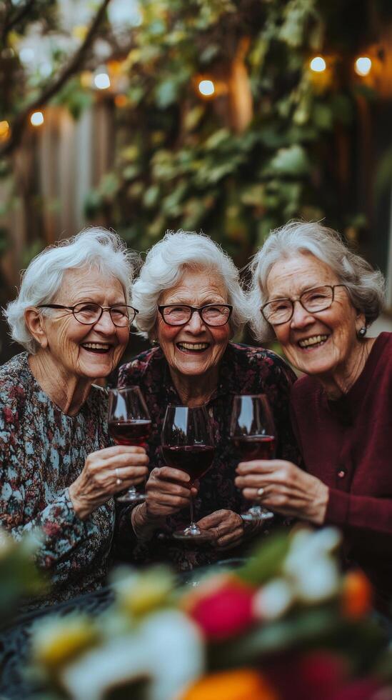 Three cheerful elderly women enjoy each others company in a cozy garden photo