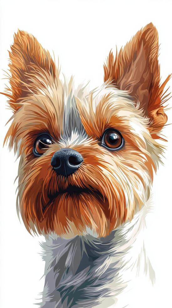 A close up of a Yorkshire Terrier with detailed fur against a plain white background photo