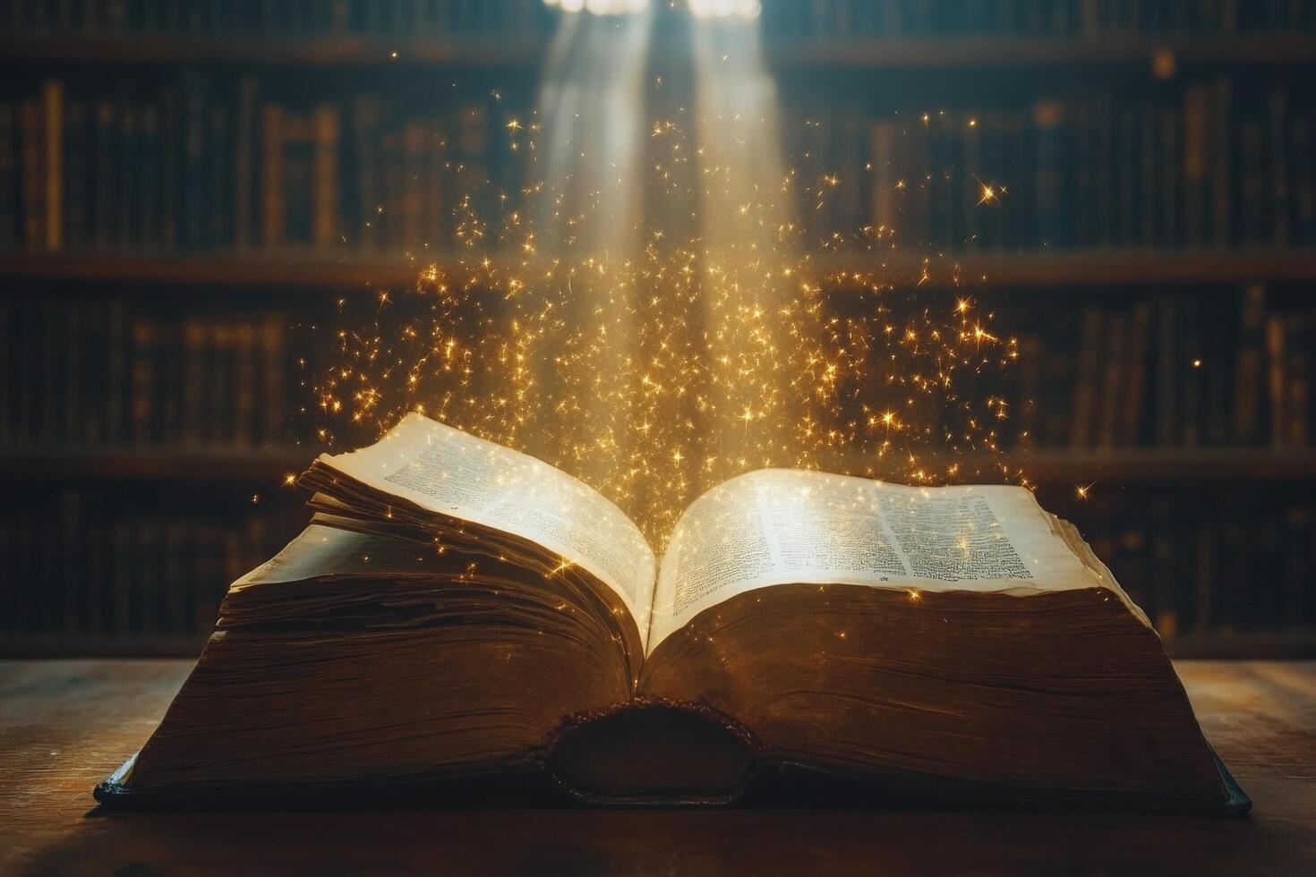 An open book illuminated by soft light with sparkling particles in a mystical setting photo