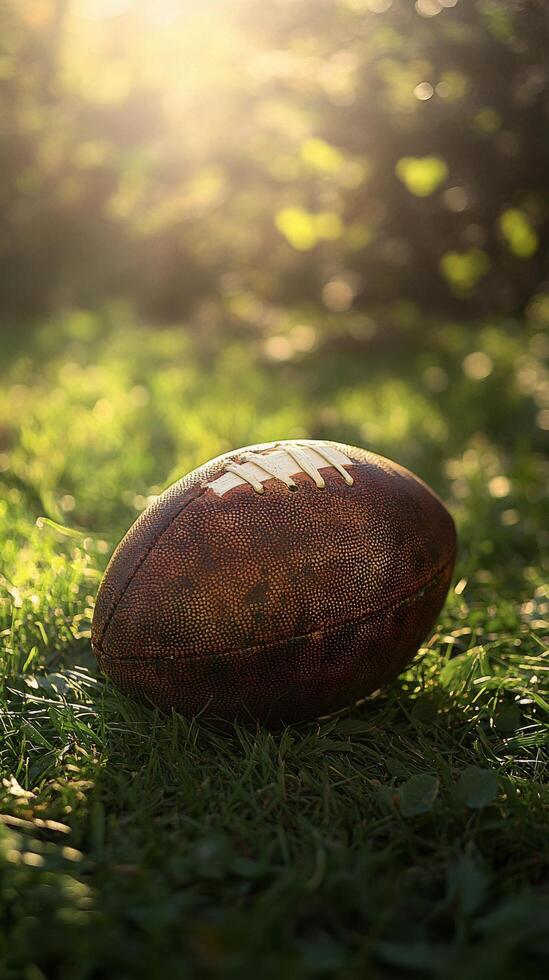 A football resting on grass under golden autumn sunlight with trees in the background photo