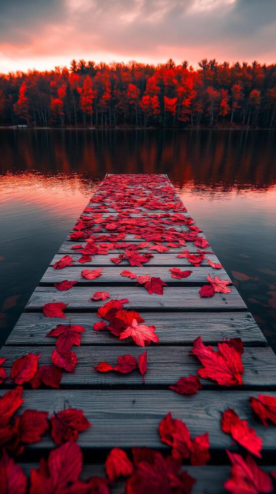 Beautiful sunset over a tranquil lake with a wooden pier covered in red leaves in autumn photo