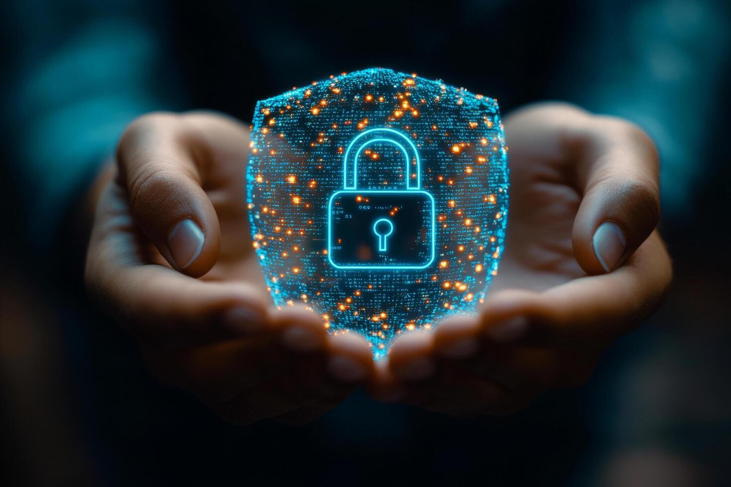 Hands holding a glowing digital shield representing cybersecurity in a modern setting photo