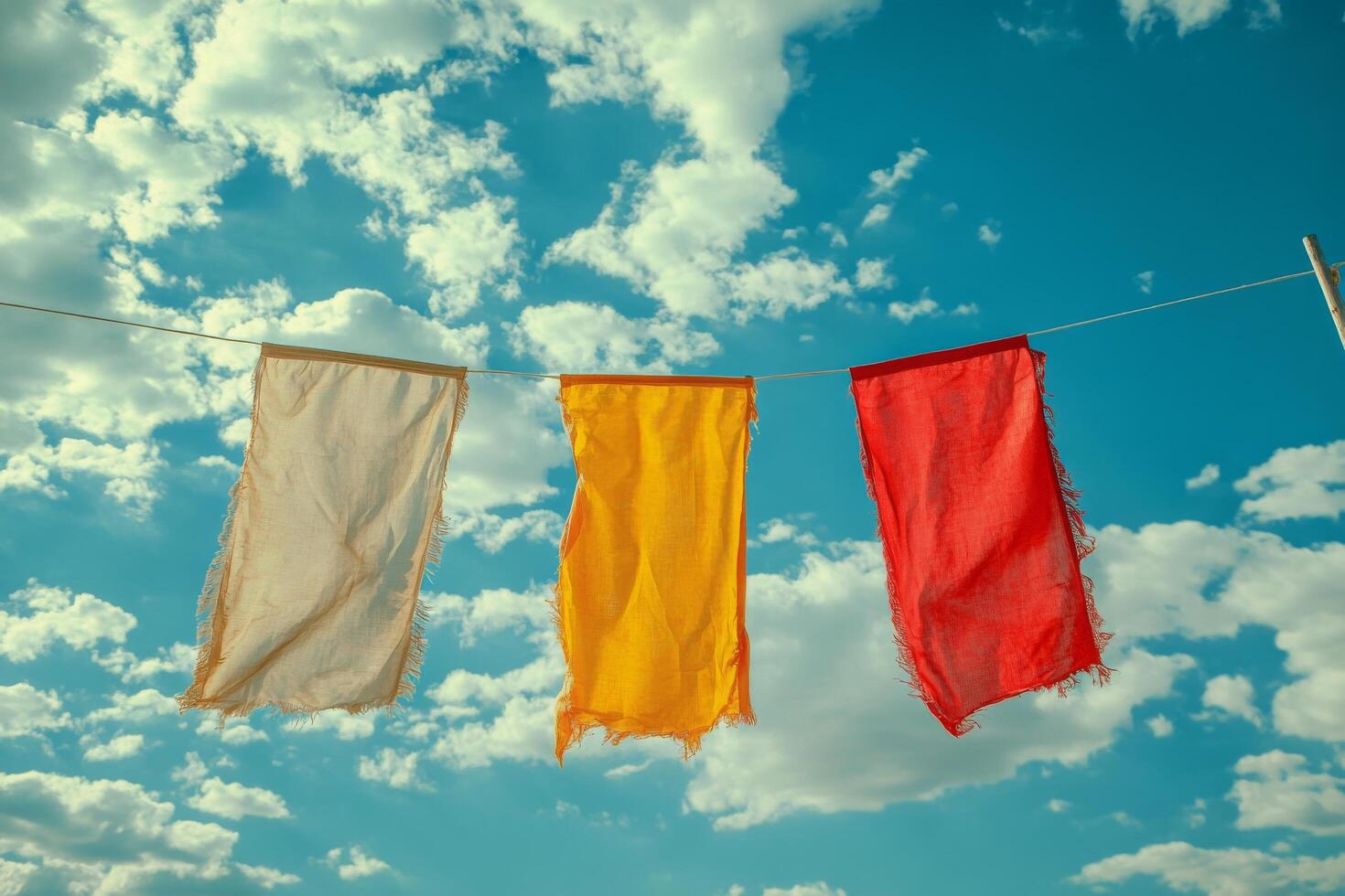 Colorful flags flutter against a bright blue sky featuring puffy clouds in the afternoon light photo