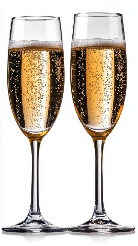 Elegant champagne flutes filled with sparkling beverage during a celebration in clear light photo