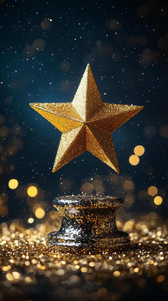 A golden star resting on a bed of glittering particles with a soft glowing background photo