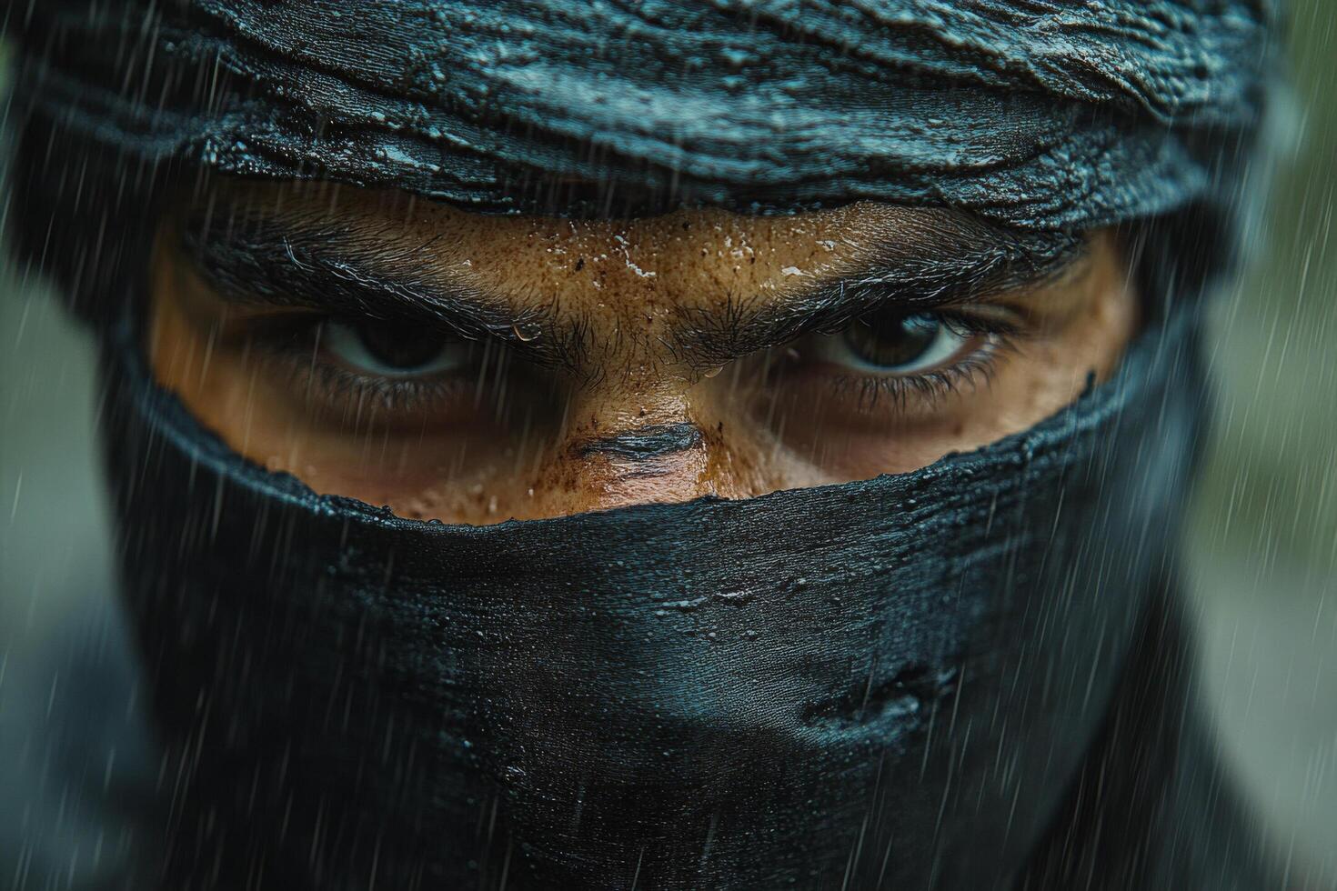 A masked warrior stands in the rain, eyes fixed with determination during an intense battle photo