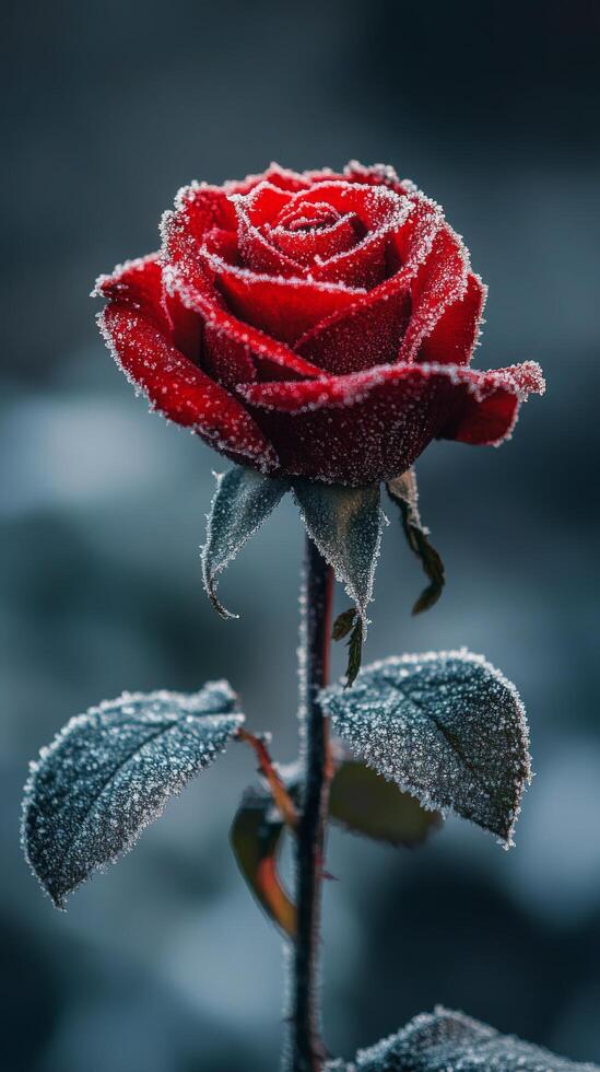 A red rose covered in frost against a dark background showcasing winters beauty photo