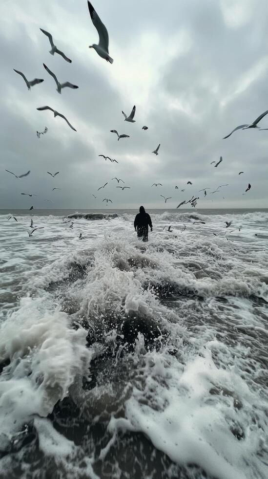A person walks through the turbulent surf while seabirds soar overhead on a cloudy day photo