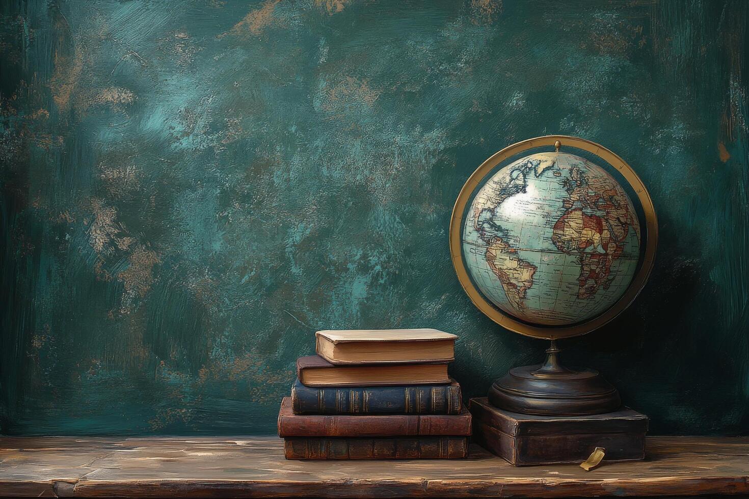 Classic books and globe displayed on a wooden table against a green chalkboard background photo