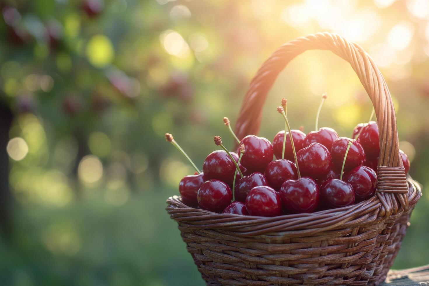 Freshly picked cherries in a woven basket during sunset in an orchard photo