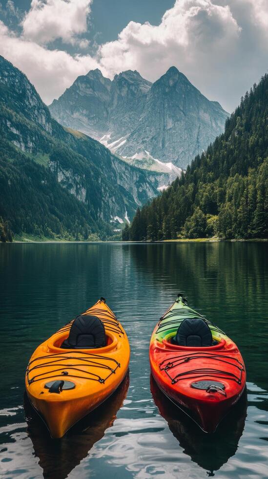 Colorful kayaks float gently on serene water amidst majestic mountains and lush forests in summer photo