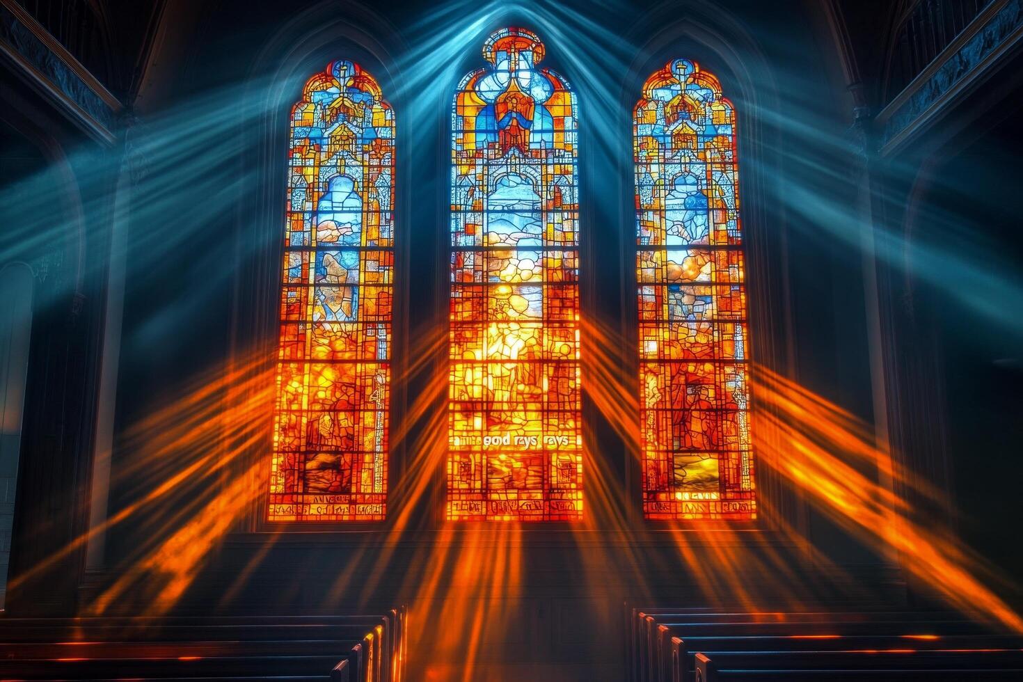Sunlight streaming through stained glass windows in an ancient church during golden hour photo