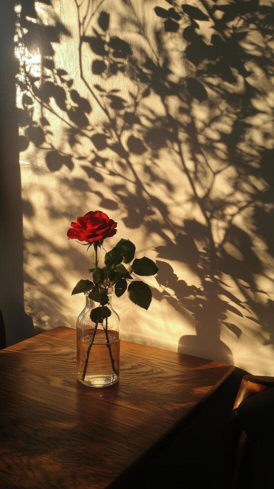 A solitary red rose in a glass vase casting intricate shadows on a warm wall photo