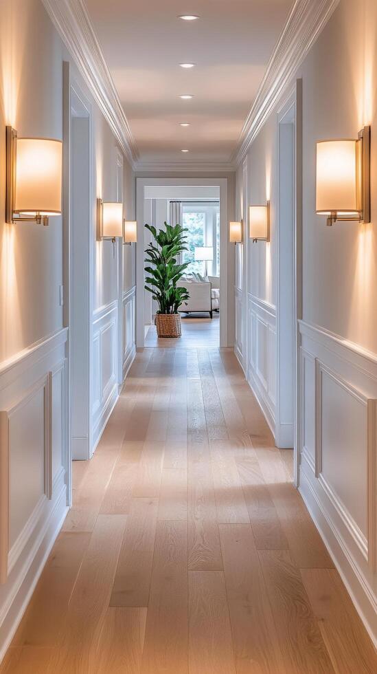 Elegant corridor with soft lighting and decorative plants in a modern interior setting photo