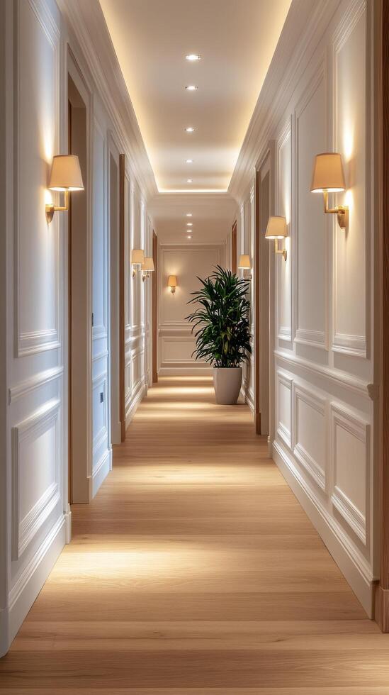 Elegant corridor with soft lighting and decorative plants in a modern interior setting photo