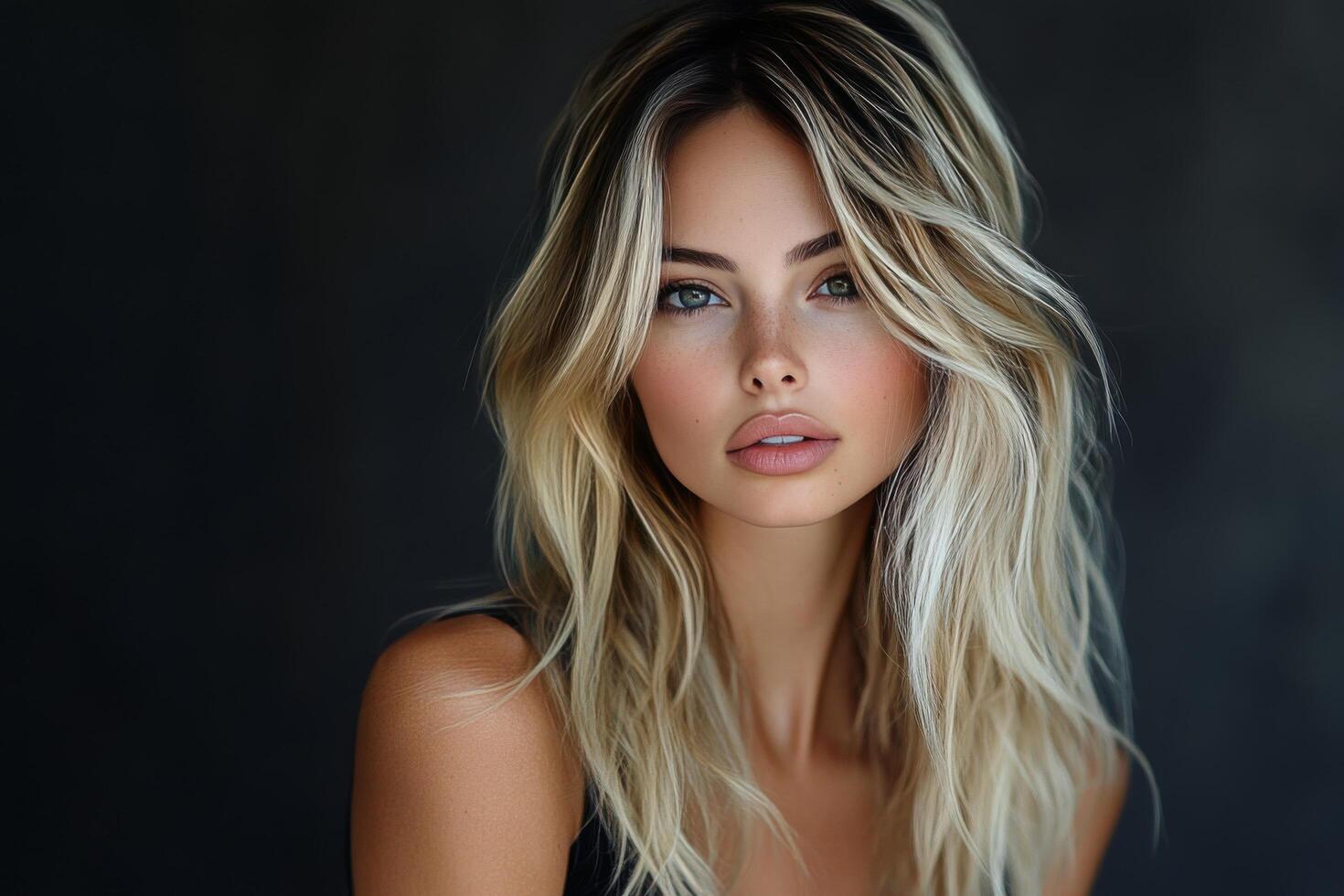 Young woman with long blonde hair poses against a neutral background in natural light photo