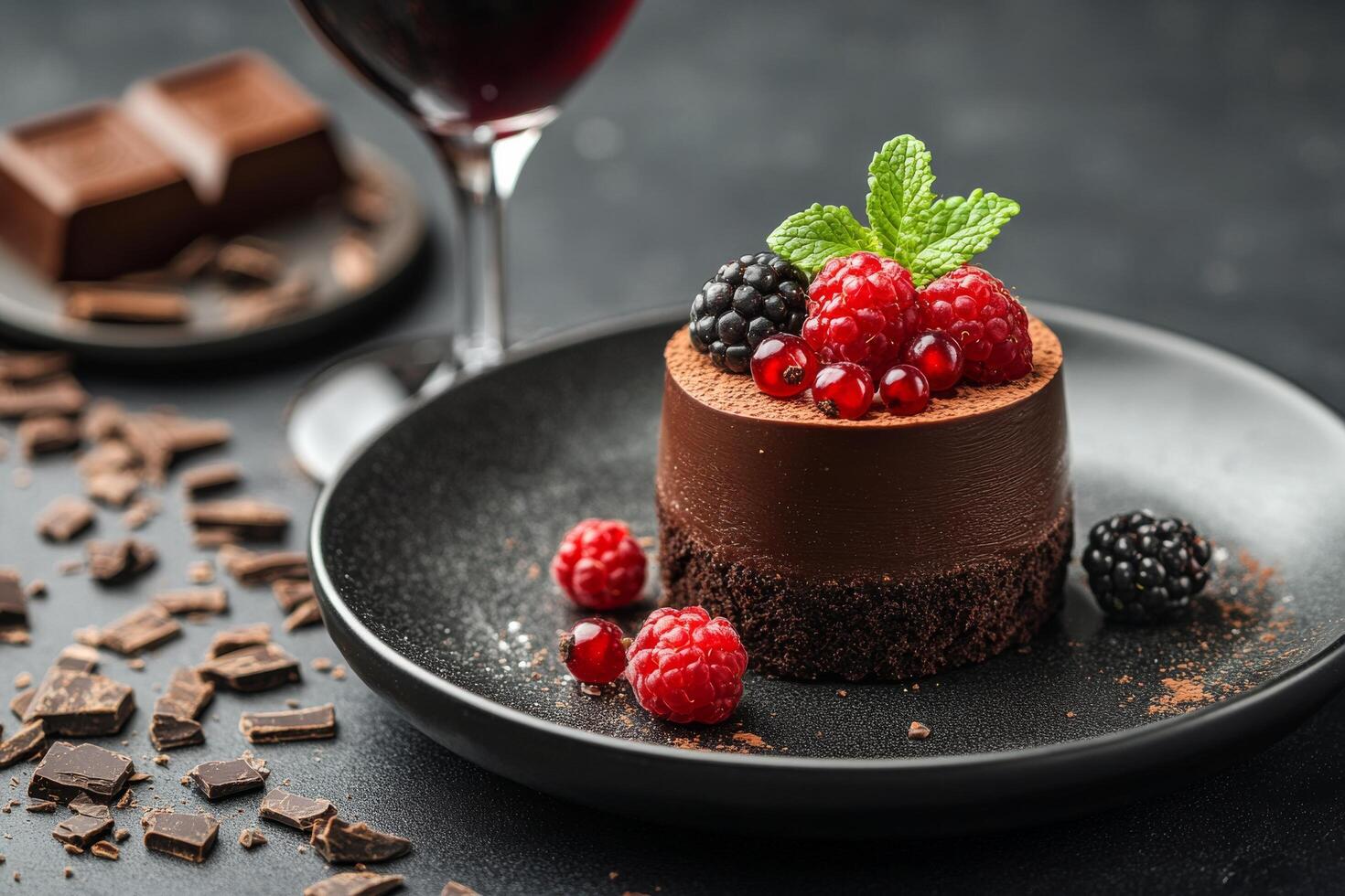 Decadent chocolate cake served with fresh berries and a glass of red wine on a dark table photo