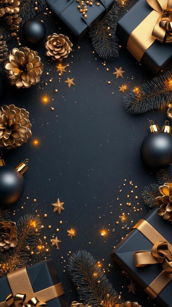 Elegant holiday decorations with gifts and ornaments on a dark background during the festive season photo