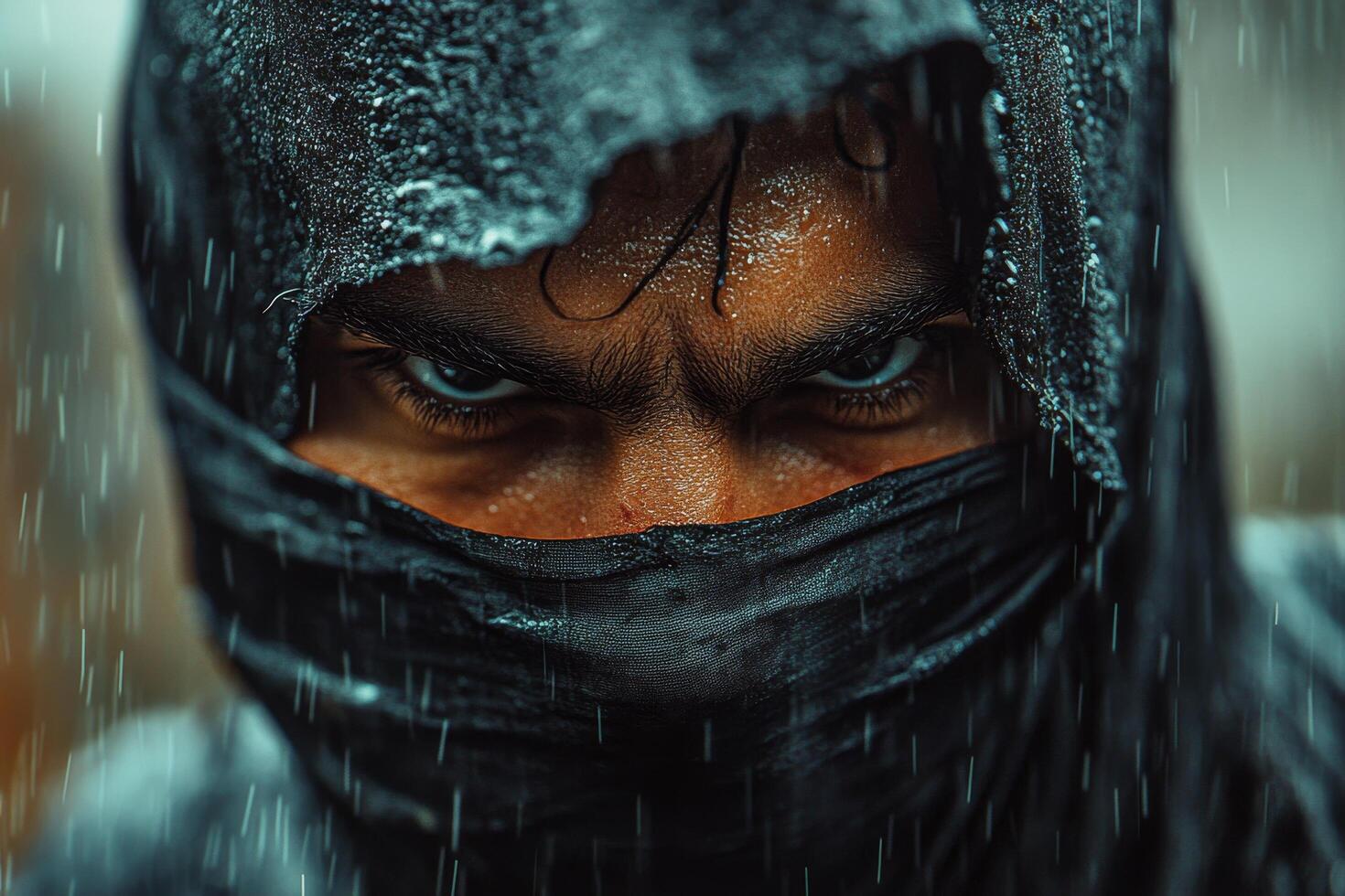 A masked warrior stands in the rain, eyes fixed with determination during an intense battle photo
