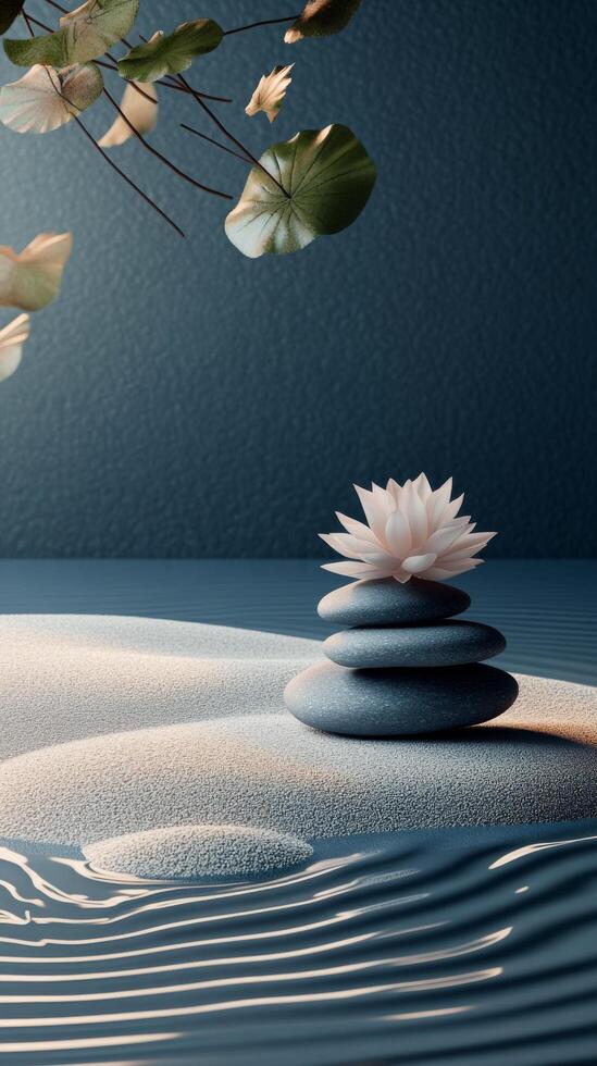 Calm waters with a blooming lotus flower on stacked stones in a serene natural setting photo