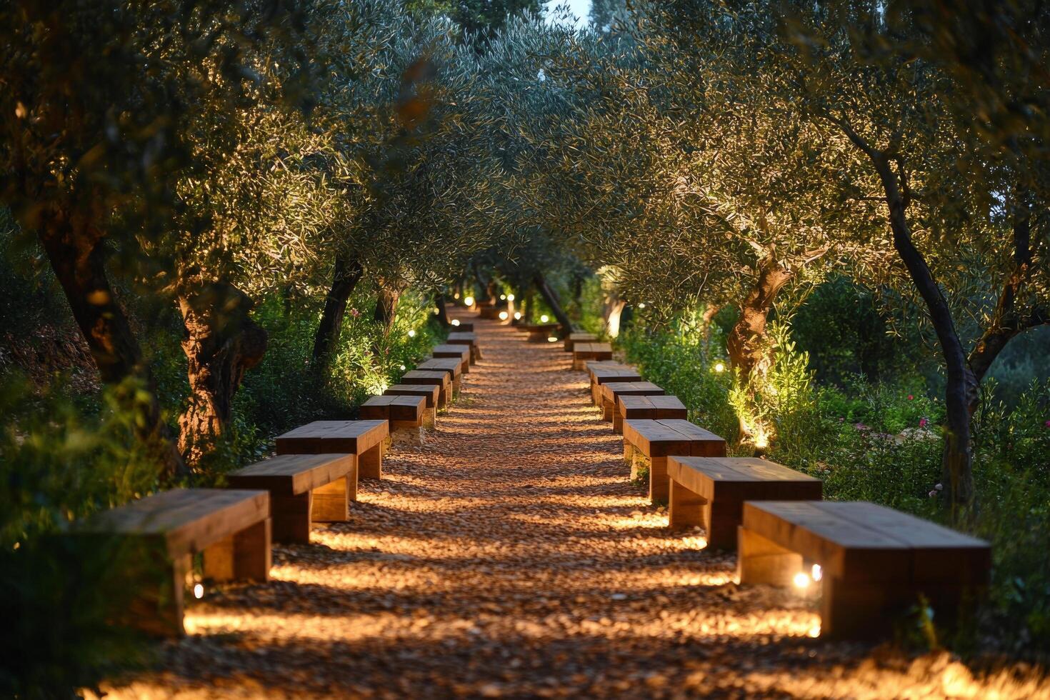 Serene pathway lined with olive trees and benches illuminated at twilight in a peaceful garden photo