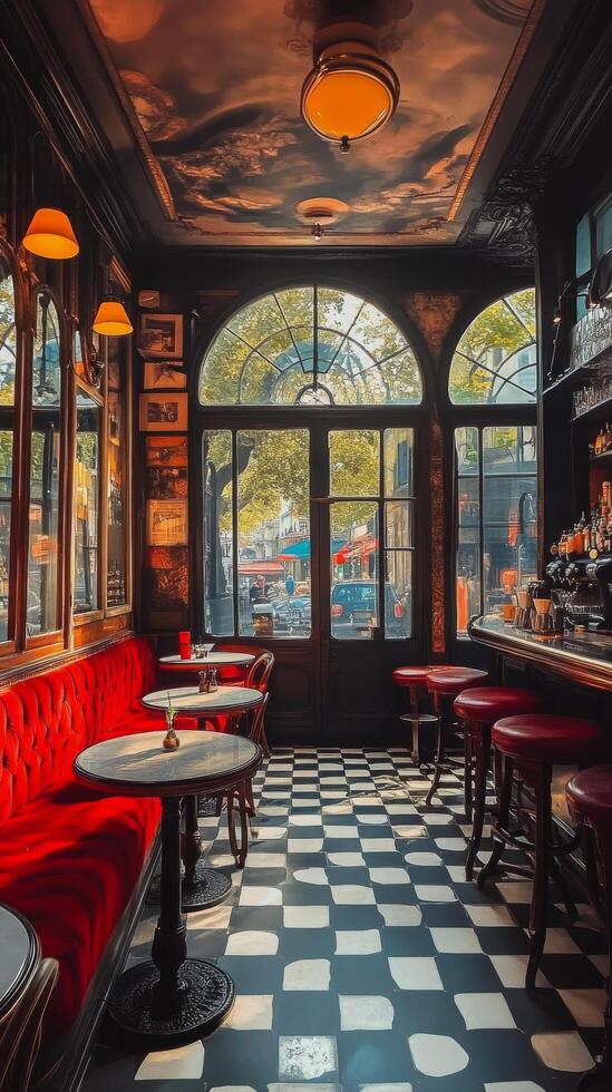 Cozy cafe interior with red chairs and large windows overlooking a vibrant street view photo