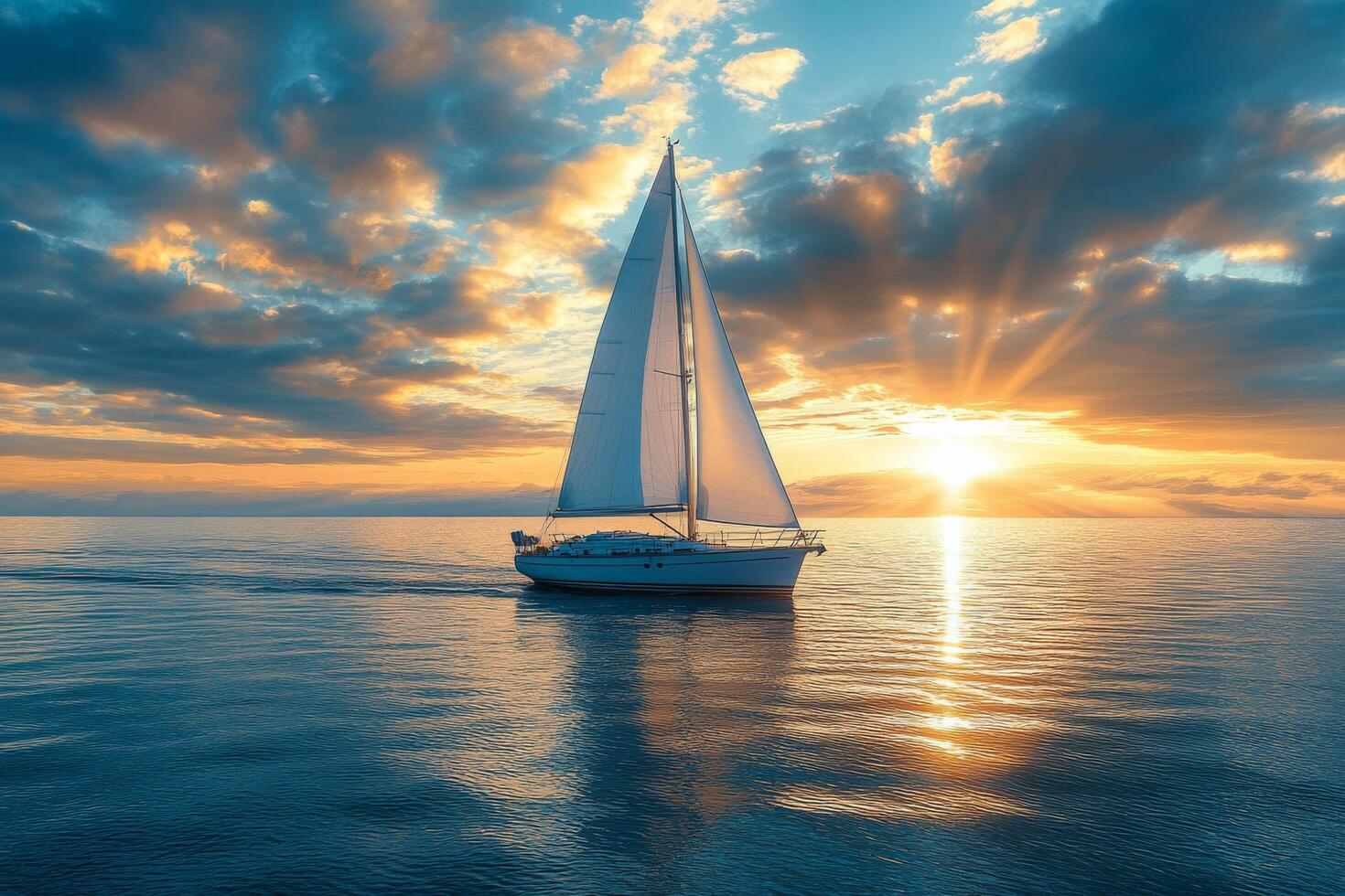 Sailboat gliding over calm waters at sunset with vibrant clouds illuminating the sky photo
