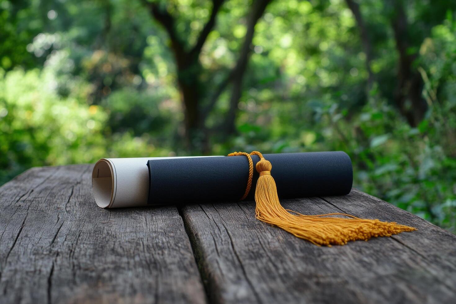 Graduation cap and diploma on wooden table in a lush green setting during daytime photo