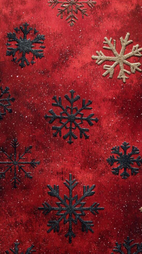Festive red background with gold and black snowflake patterns during the holiday season photo