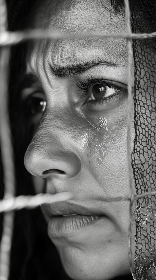 A woman gazes pensively through a shadowy pattern during a quiet afternoon photo