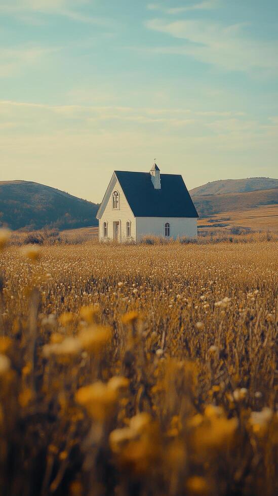 A serene church nestled in a golden meadow under a clear sky in the countryside photo
