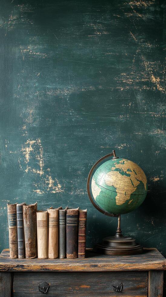 Vintage globe on a wooden table next to a stack of aged books against a textured green backdrop photo
