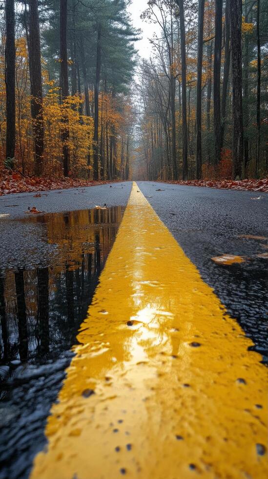 Rainy autumn road with reflections from trees in a dense forest during a cloudy day photo