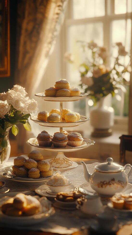 Delightful afternoon tea with assorted cupcakes and pastries arranged on an elegant tiered stand photo