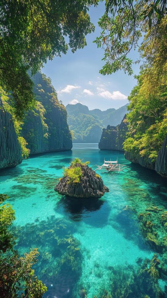 Serene turquoise water surrounded by lush greenery and mountains on a bright sunny day photo