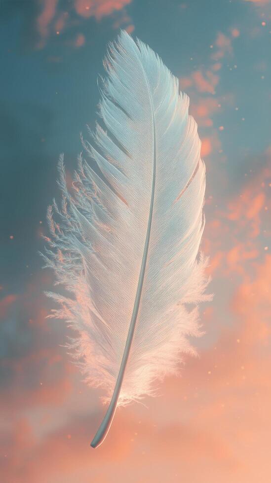 A delicate white feather floating peacefully against a dreamy pastel sky at sunset photo