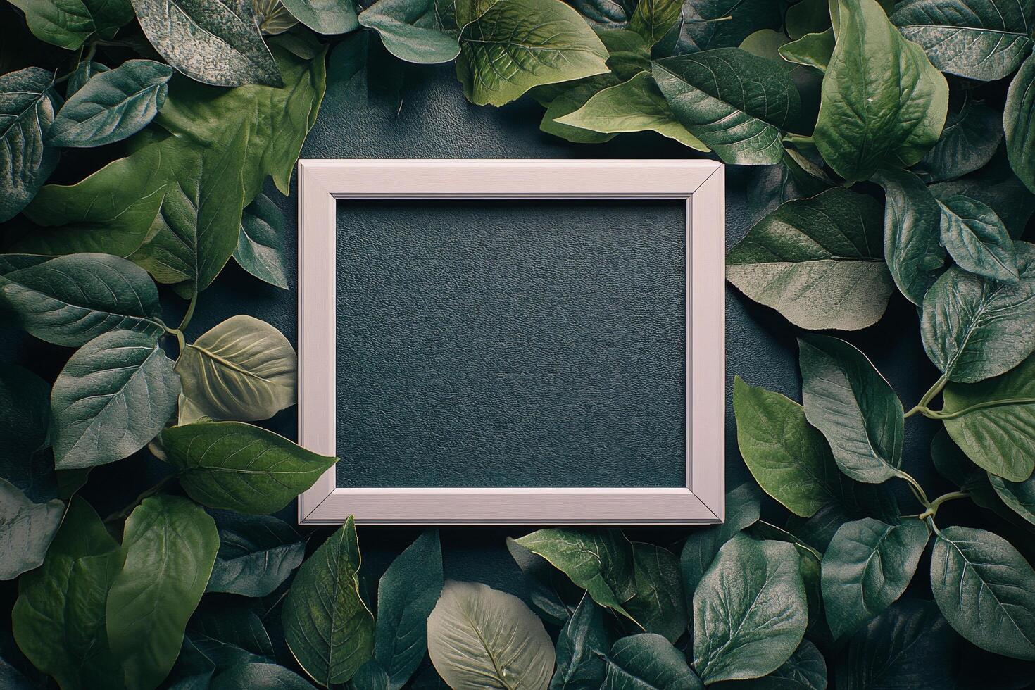 A serene face framed by lush green leaves in an outdoor setting during daylight hours photo