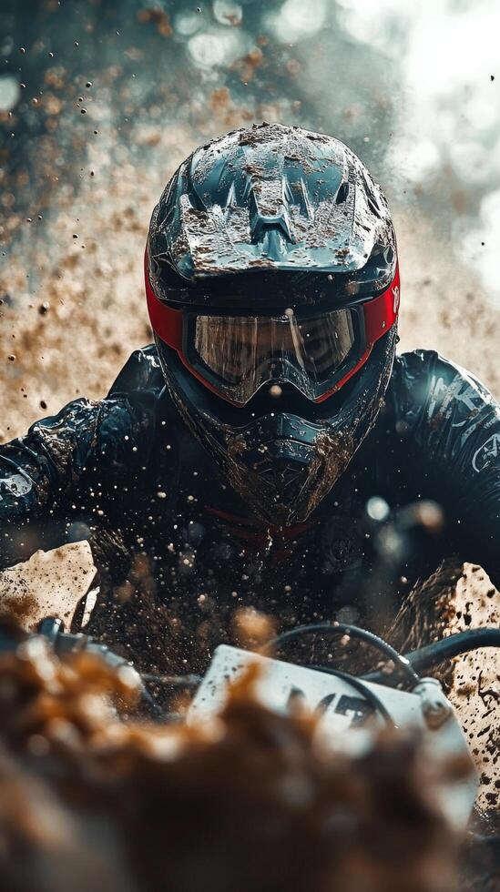 Motorcycle rider navigating through muddy terrain during an off road competition in autumn photo