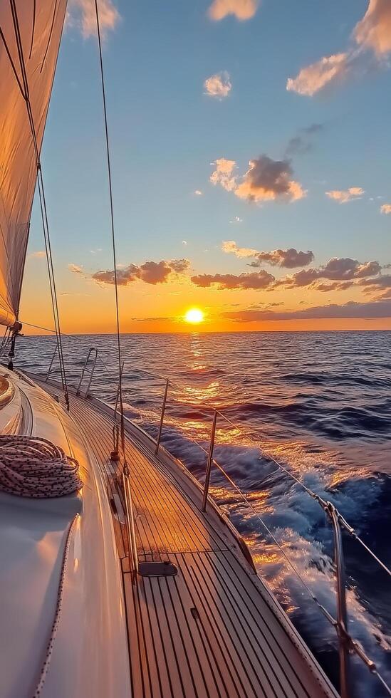Sailing into the sunset over tranquil waters with colorful reflections photo
