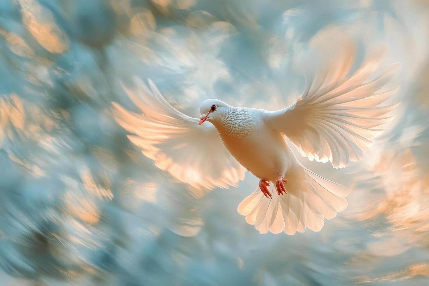 A white dove gracefully flies through a soft, blurred background of pastel colors during sunset photo
