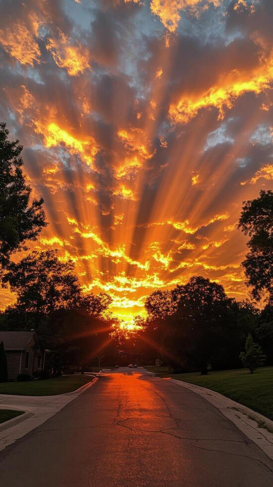 Beautiful sunset with vibrant clouds and rays illuminating a quiet suburban street photo
