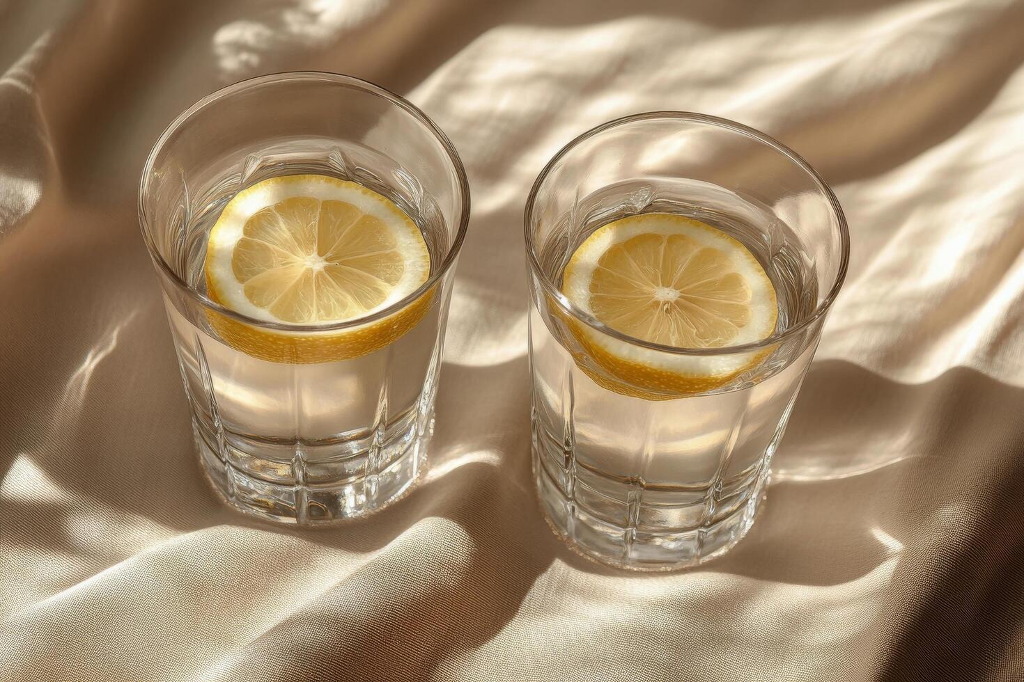 Refreshing lemonade served with lemon slices on a soft fabric surface in afternoon light photo