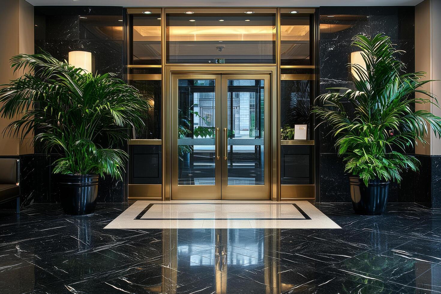 Elegant entrance of a modern building featuring lush plants and polished floors during daylight photo