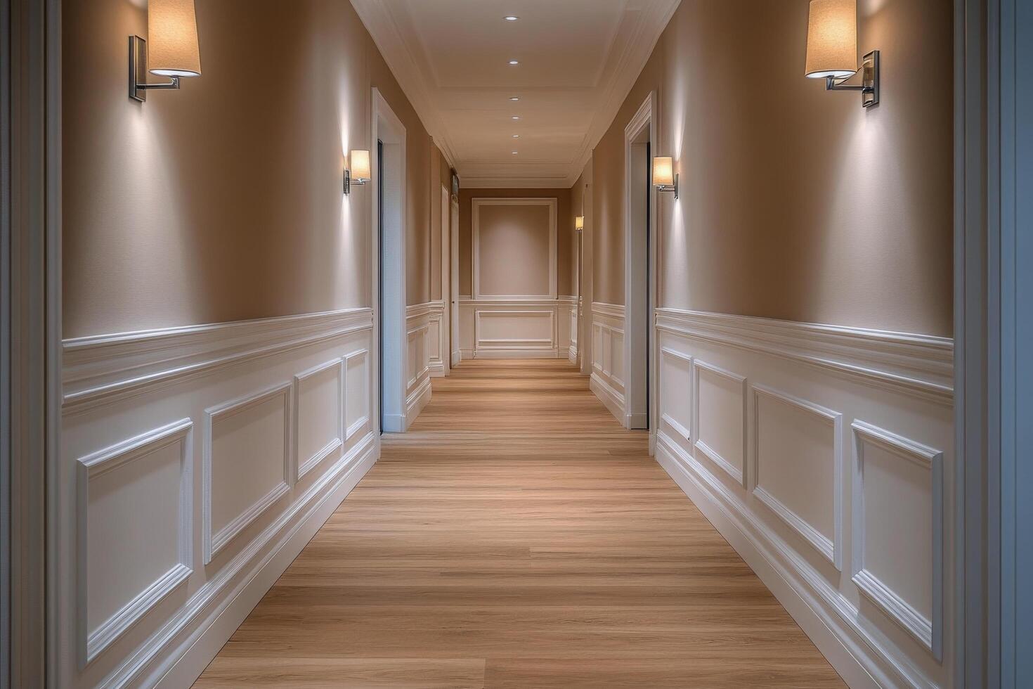 Elegant interior hallway with wooden flooring and stylish wall sconces in a modern building photo
